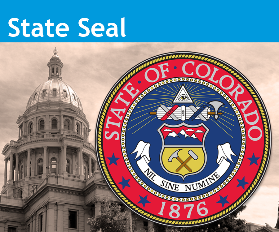 Image showing a photo of the State of Colorado State Capitol in black and white with the Great State Seal of Colorado layered over the photo.