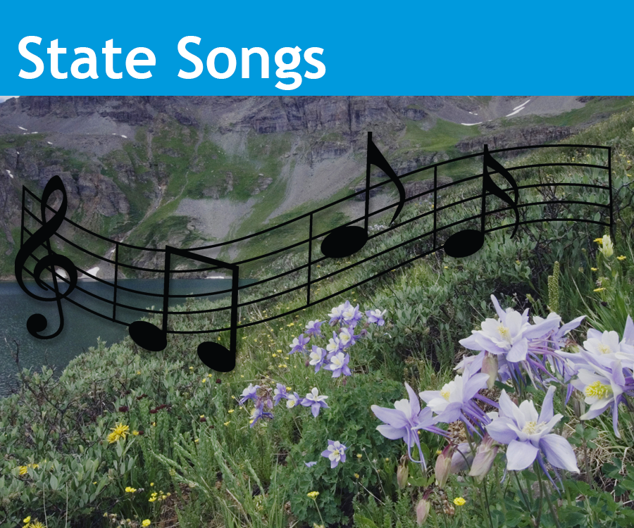 Image showing a mountain landscape with purple and white columbines on the hillside and music notes layered on top of the image to represent the State of Colorado State Songs, “Where the Columbines Grow,” and “Rocky Mountain High.”