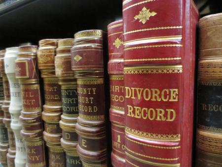 A library shelf of hardcover books, with one book spine labeled Divorce Records.