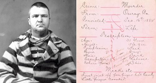 Archival photo of a male prisoner in a striped jacket. Accompanying handwritten description of prisoner indicates a crime of murder convicted Dec. 16 1882, and a term of life.